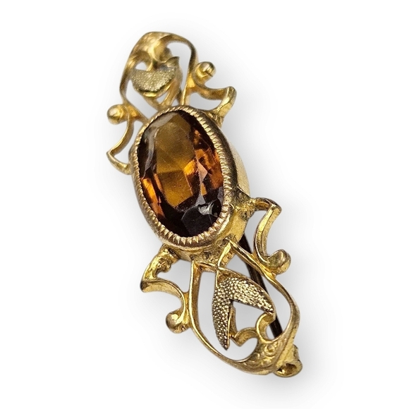 Antique Art Nouveau Bar Brooch Topaz Glass Gem Floral Gold Plated 1910s Vtg FLAW - Picture 4 of 8